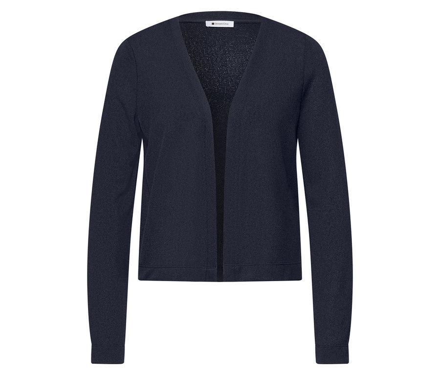 Detailní záběr na tmavě modrý kardigan Street One, rozložený na bílém pozadí.