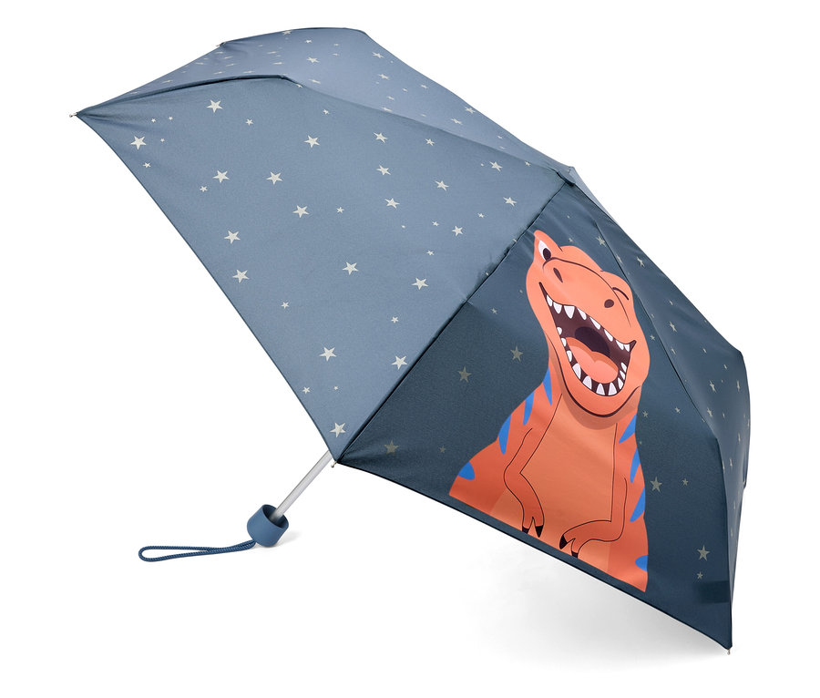 Otevřený, tmavě modrý deštník s bílými hvězdami a oranžovým dinosaurem.