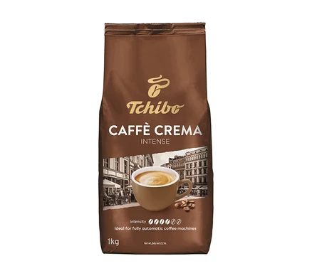 Hnědý balíček zrnkové kávy Caffè Crema Intense od Tchibo s obrázkem šálku kávy.