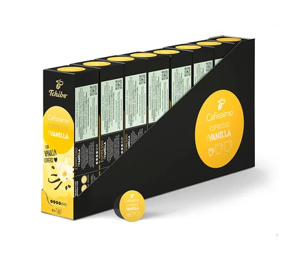Několik balení Cafissimo Flavoured Espresso – Vanilla – 80 kapslí v černém držáku.