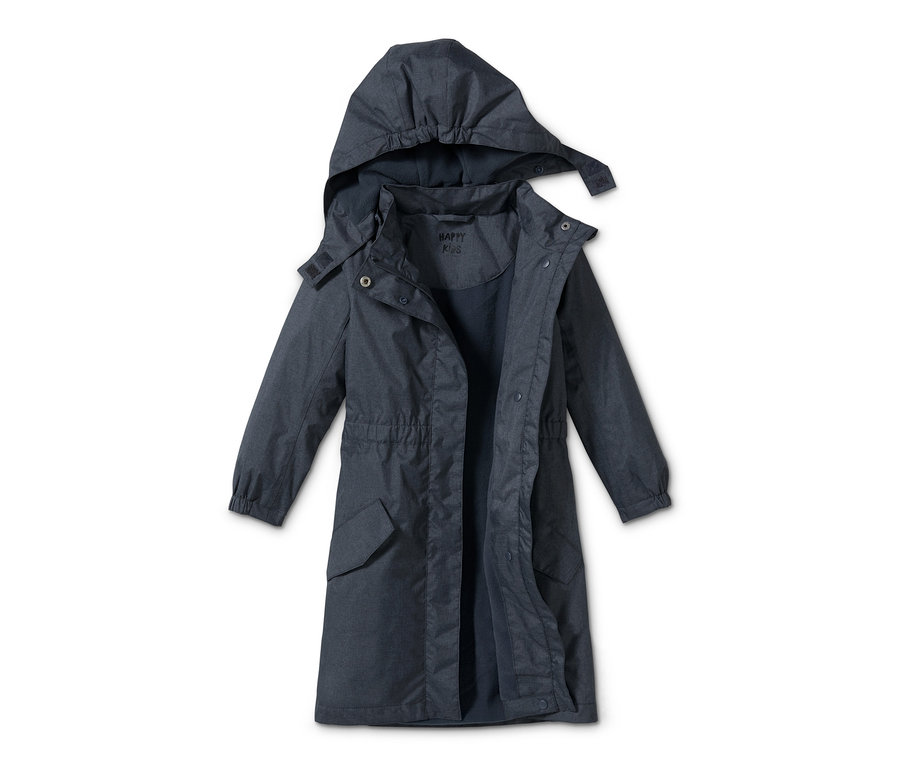 Tmavě modrá bunda v džínovém vzhledu do každého počasí, s kapucí a dlouhými rukávy.