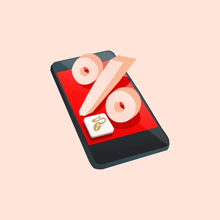 Mobilní telefon s červenou obrazovkou zobrazuje procentuální symbol a ikonu.