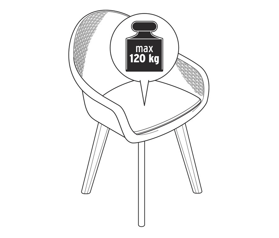 Ilustrace skořepinové židle s polyratanovým výpletem a maximální nosností 120 kg.