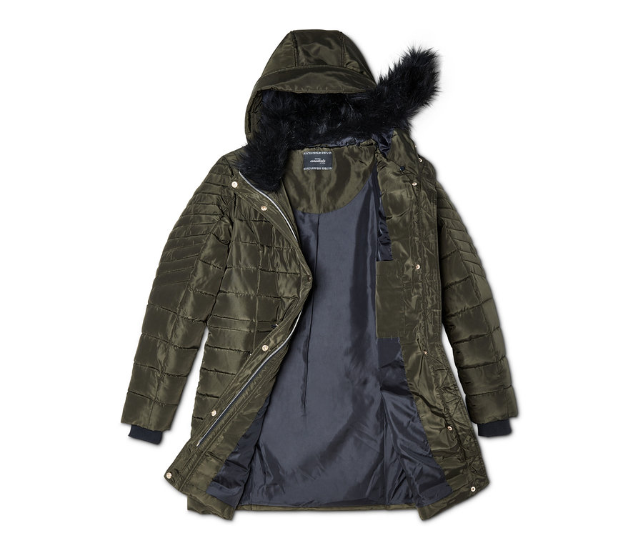 Otevřený prošívaný kabát s kapucí v khaki barvě.