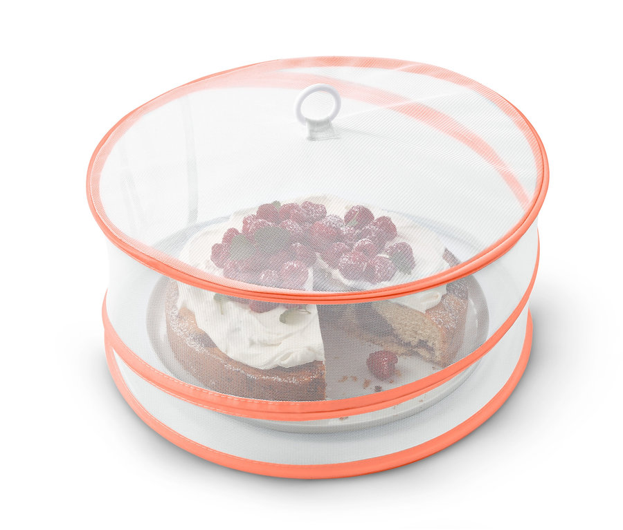 Skládací kryt na jídlo zakrývá dort s malinami na bílém talíři.