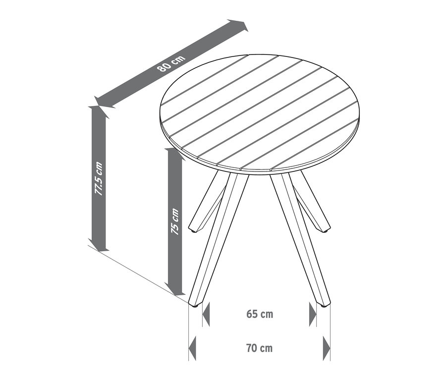 Rozměry kulatého zahradního stolu: průměr 80 cm, výška 77,5 cm, výška nohou 75 cm, šířka nohou 65-70 cm.
