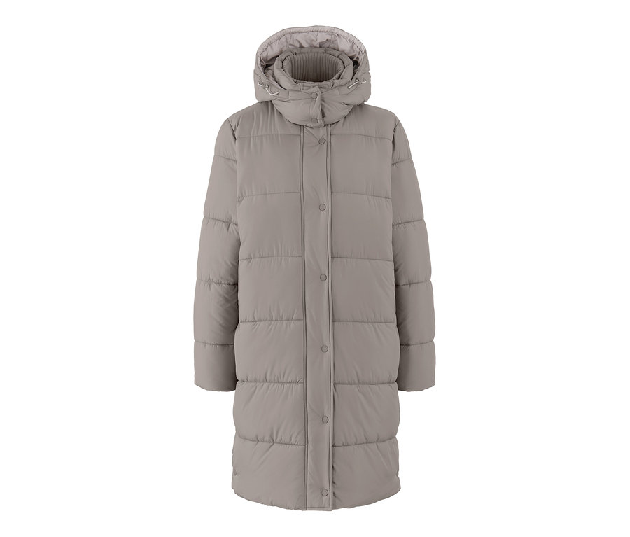 Šedobéžový prošívaný kabát s kapucí.