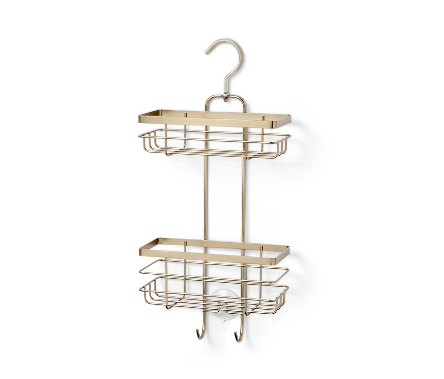 Závěsný regál do sprchy se dvěma policemi a háčky v matné zlaté barvě.