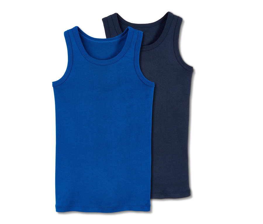 Dvě tílka, jedno modré a jedno tmavě modré.