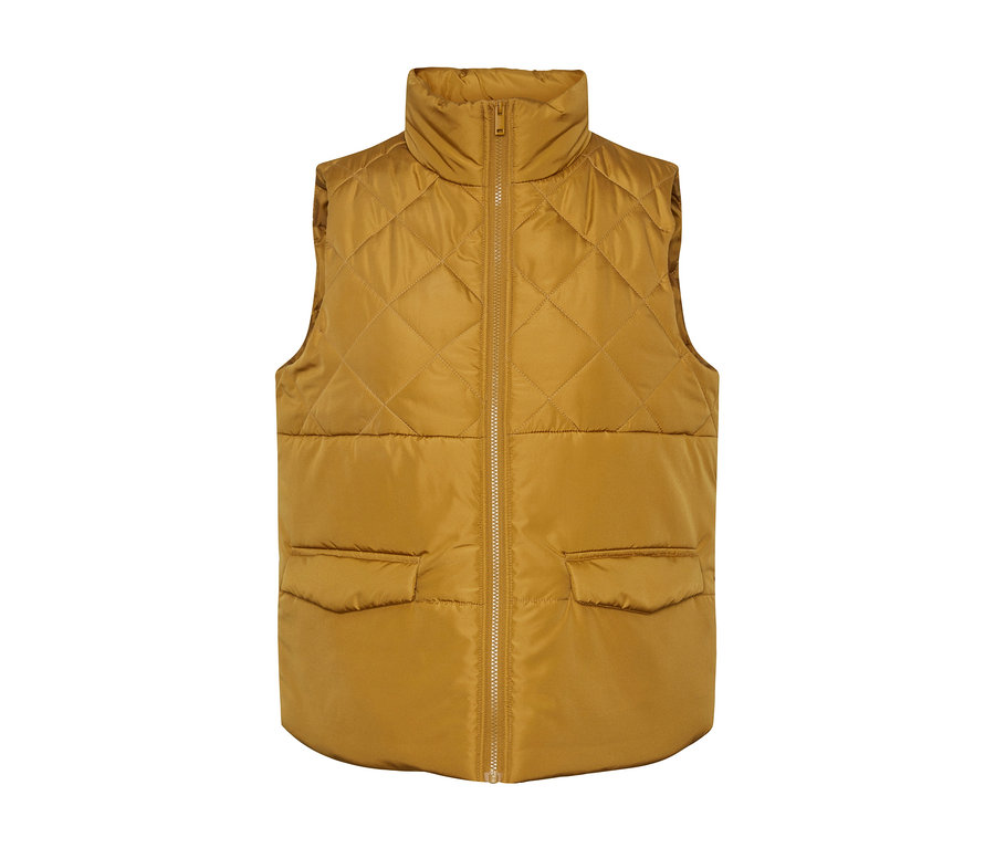Žlutá prošívaná vesta s předním zipem a kapsami.
