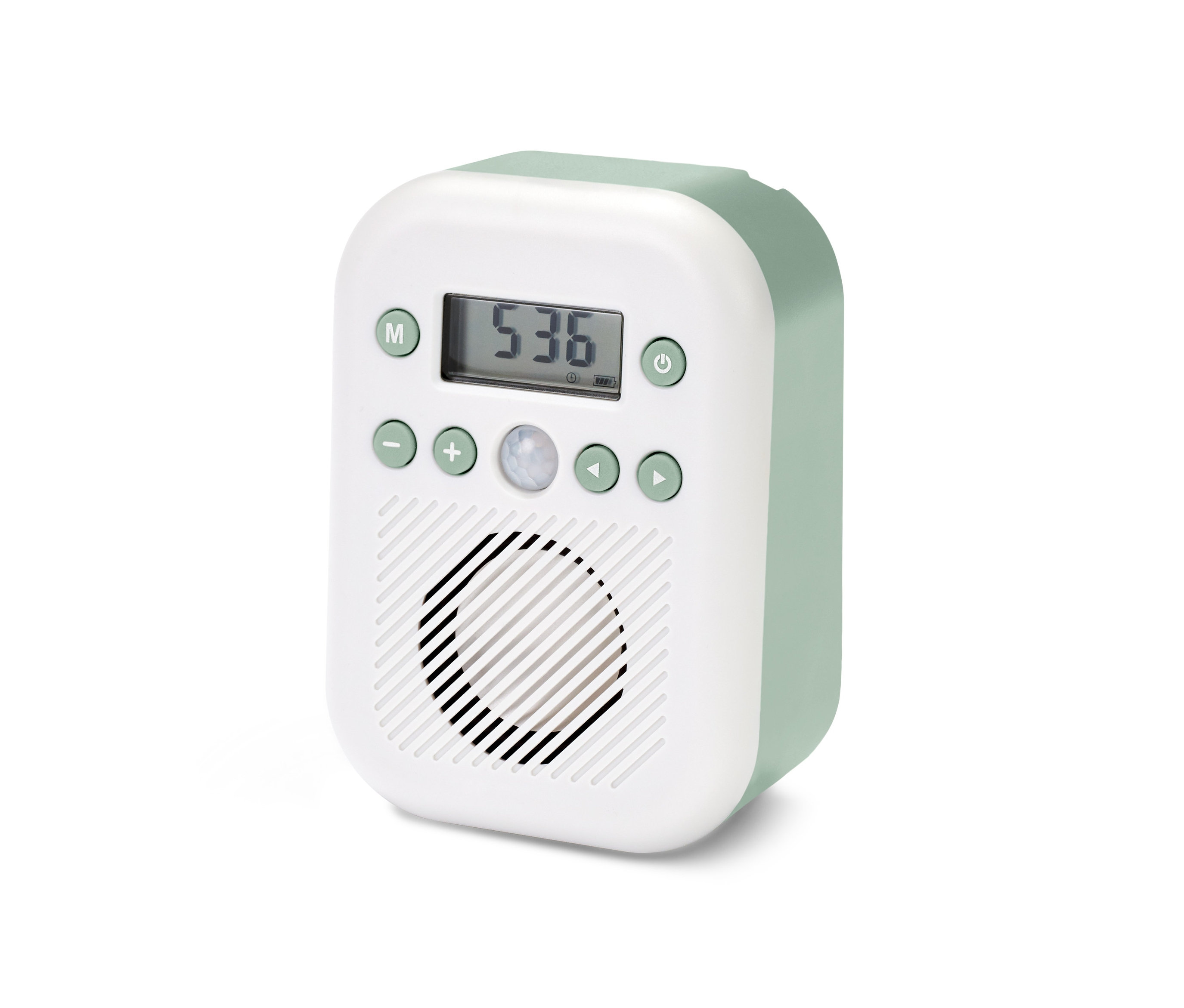 Zelenobílé rádio do koupelny s pohybovým čidlem.