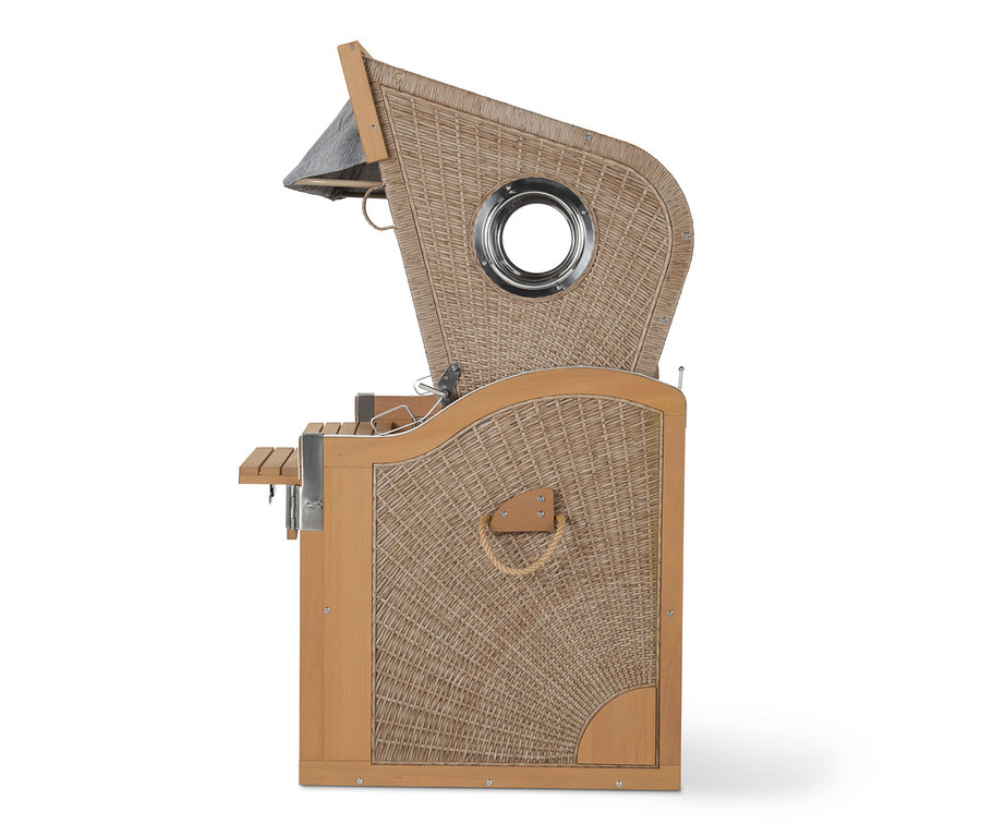 Boční pohled na plážový koš Premium XXL se 2 sklopnými stolky.