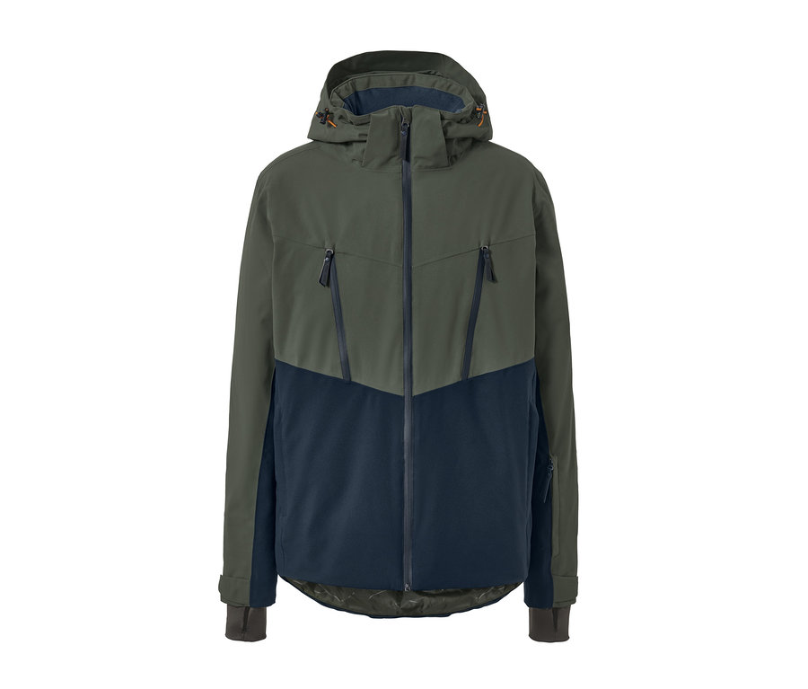 Khaki lyžařská bunda se zipem a kapucí.