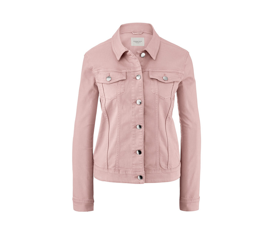 Růžová džínová bunda s knoflíky.