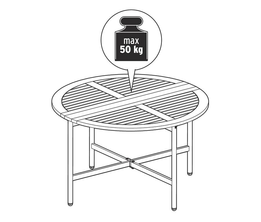 Nákres kulatého skládacího stolu Elin s maximální nosností 50 kg.