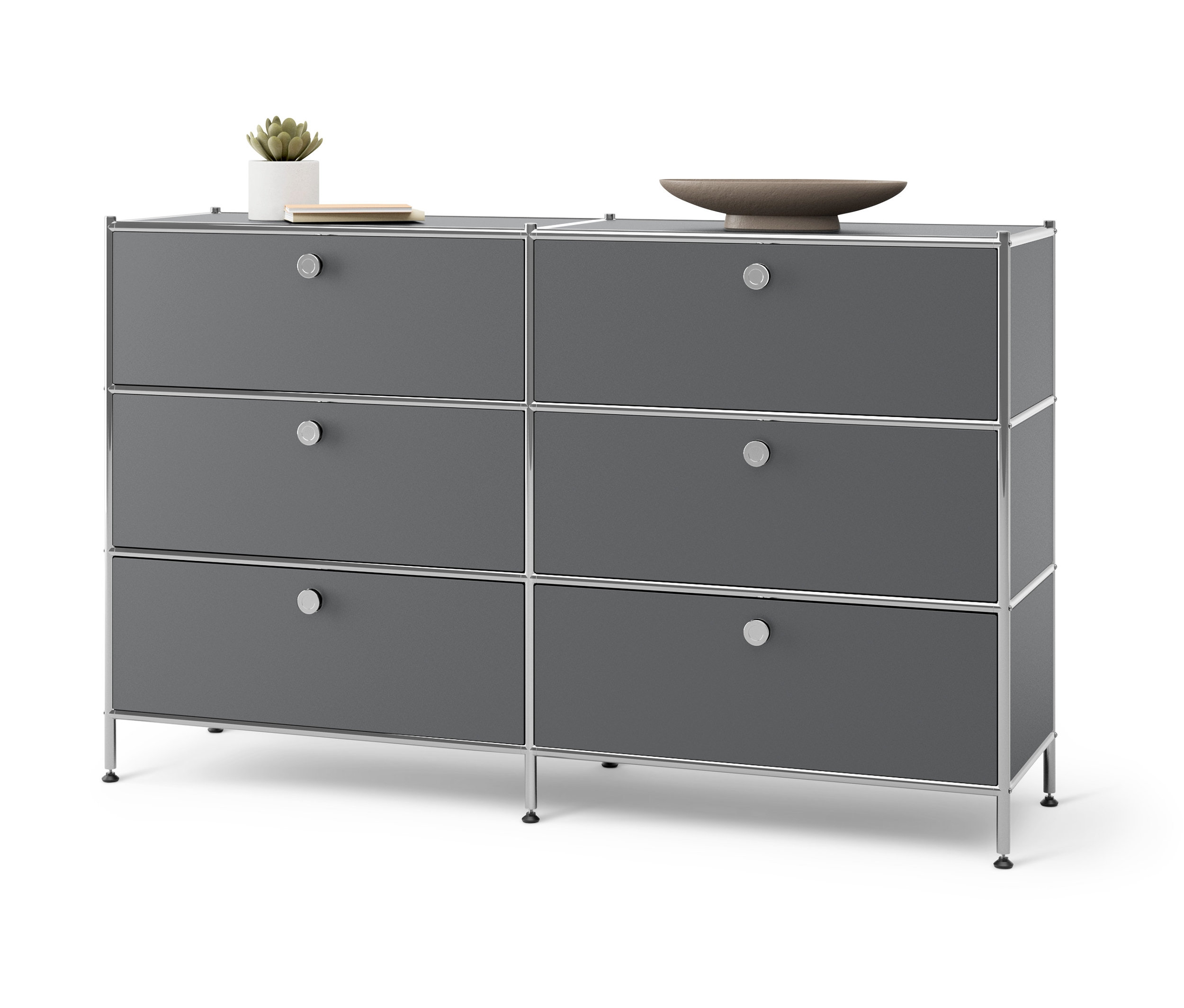 Šedá kovová komoda »CN3« se 6 zásuvkami.