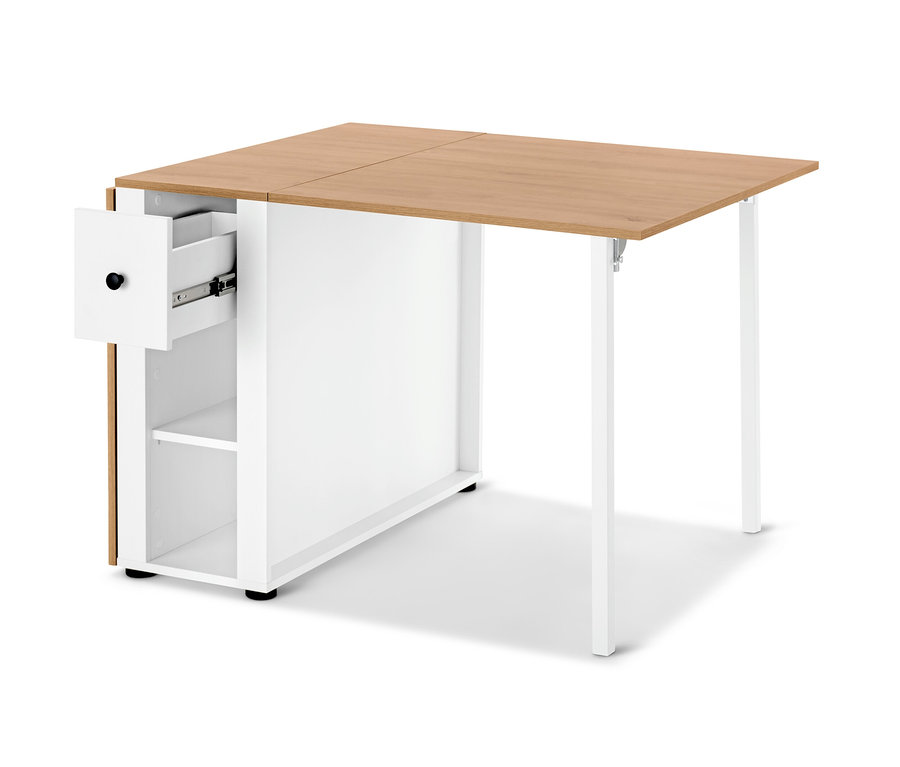 Čtvercový stůl se zásuvkou a úložným prostorem, horní deska stolu je dřevěná, zbytek je bílý.