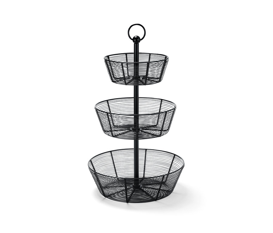 Černý kovový etažér se třemi košíky.