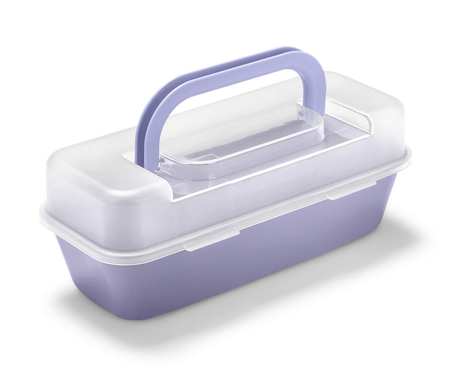 Hranatá forma s víkem fialové barvy s bílým víkem a fialovou rukojetí.
