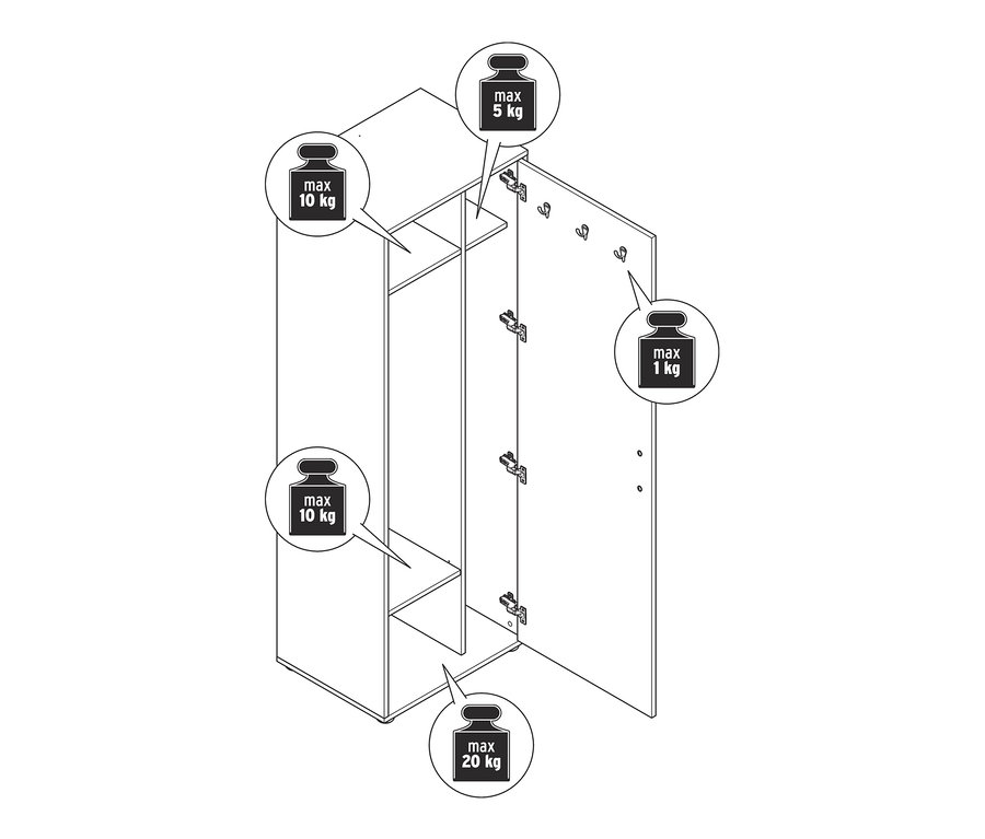 Nákres univerzální skříně s otevřenými dveřmi a limity hmotnosti polic.