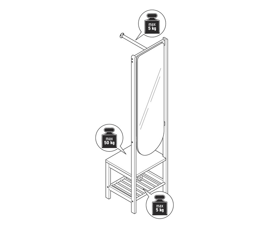 Náčrt otevřené šatní skříně se zrcadlem a odkládací plochou.