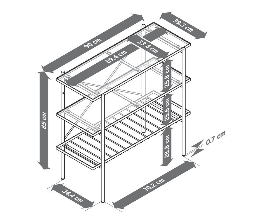 Ilustrace koncového stolku o šířce 90 cm se třemi skleněnými policemi a kovovým rámem.
