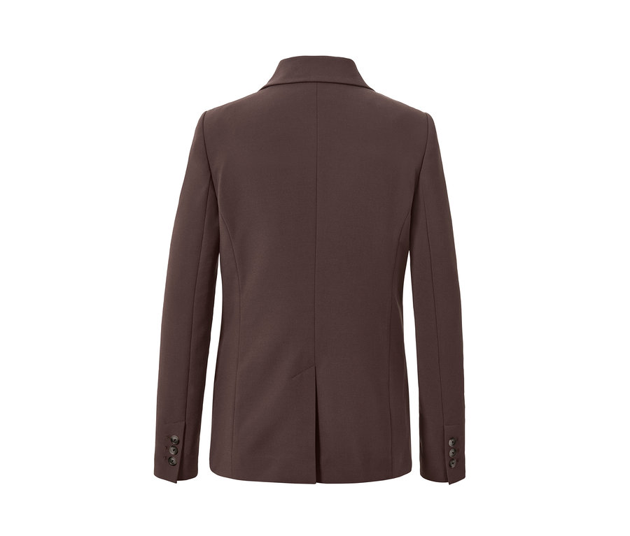 Zadní pohled na hnědé tkané sako.