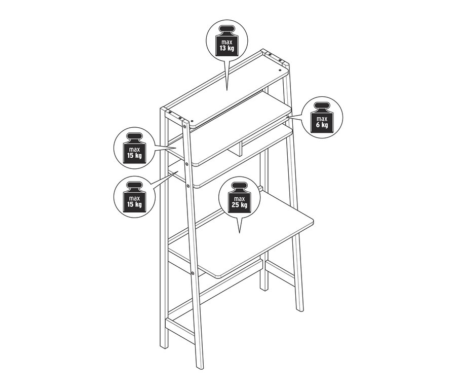 Nákres regálu se sekretářem a uvedenou maximální nosností polic.