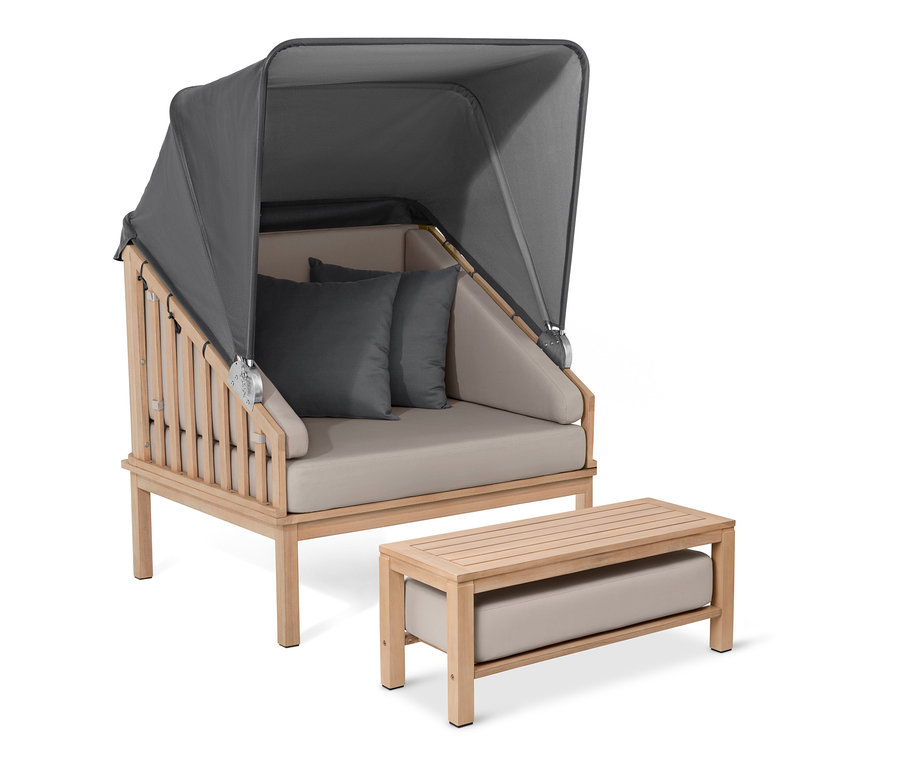 Prémiový plážový koš se stříškou proti slunci a podnožkou.