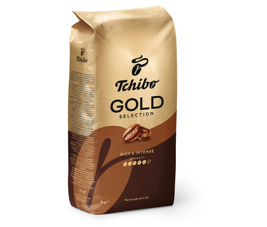 Balení 1 kg zrnkové kávy Gold Selection.