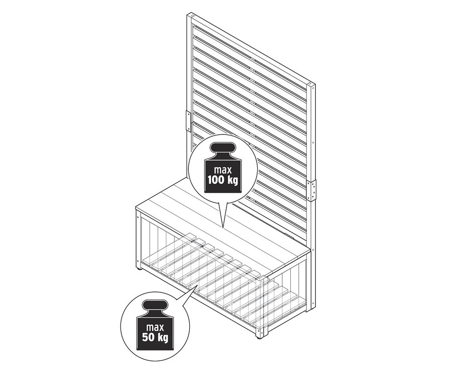 Nákres bočního dílu zástěny »Elin« s lavicí s úložným prostorem.