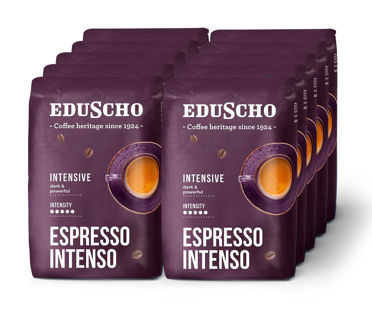 Deset balení zrnkové kávy Eduscho Espresso Intenso 500 g naskládaných za sebou.