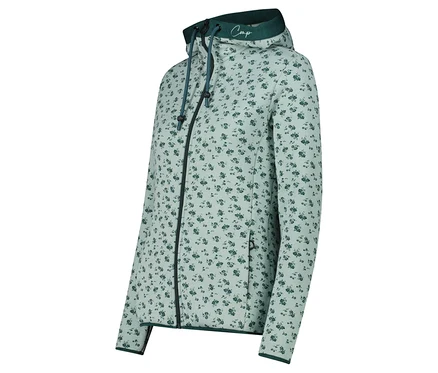 Bledě zelená mikina na zip s kapucí a tmavě zeleným květinovým vzorem.