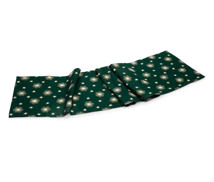 Zelený běhoun na stůl se zlatými hvězdami a slunečními erby.