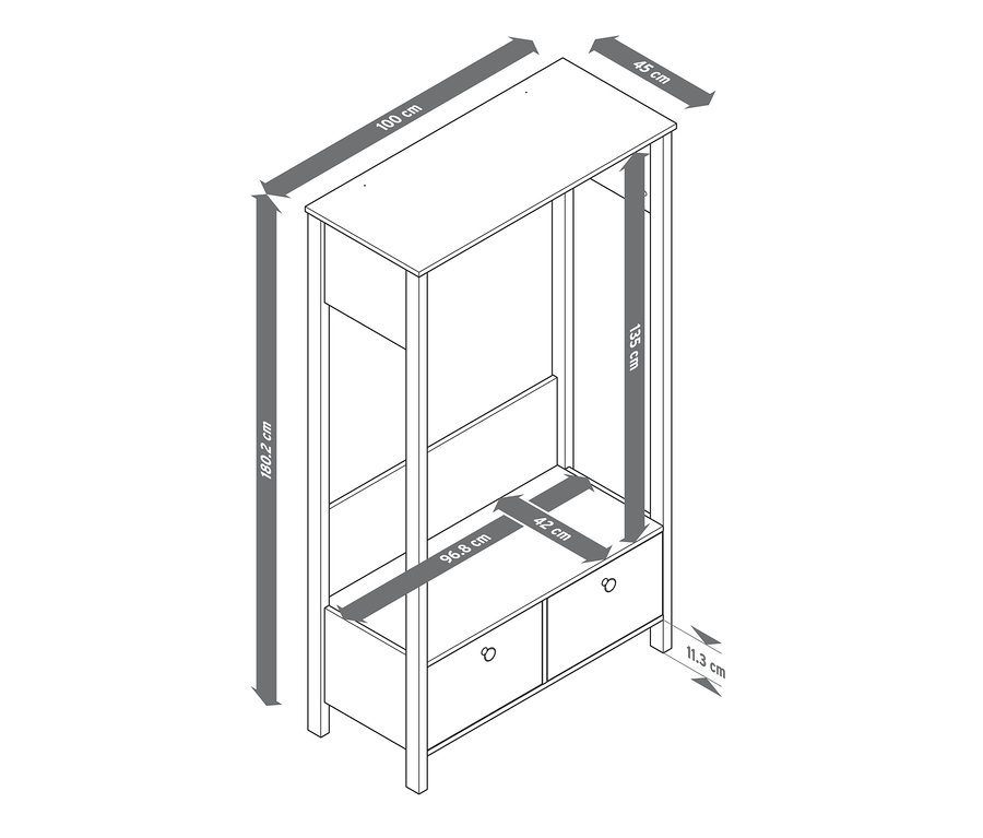 Nákres předsíňové stěny s velkými zásuvkami a vyznačenými rozměry.
