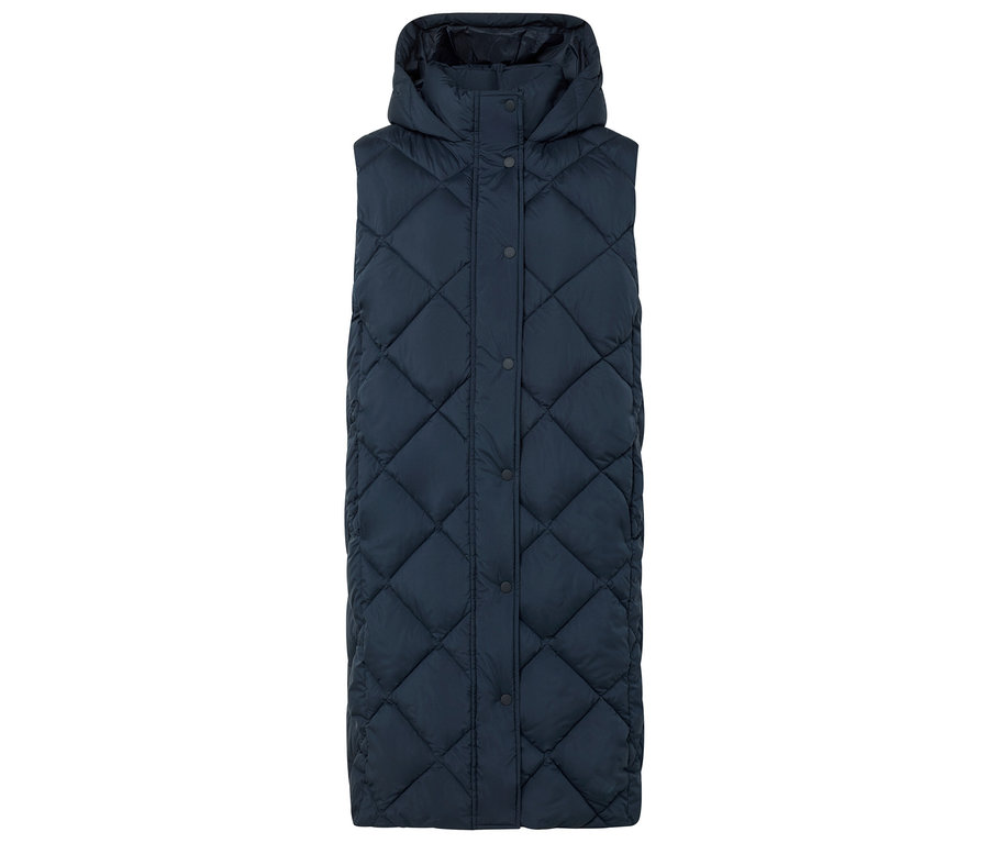 Tmavě modrá prošívaná vesta s kapucí a zapínáním na knoflíky.