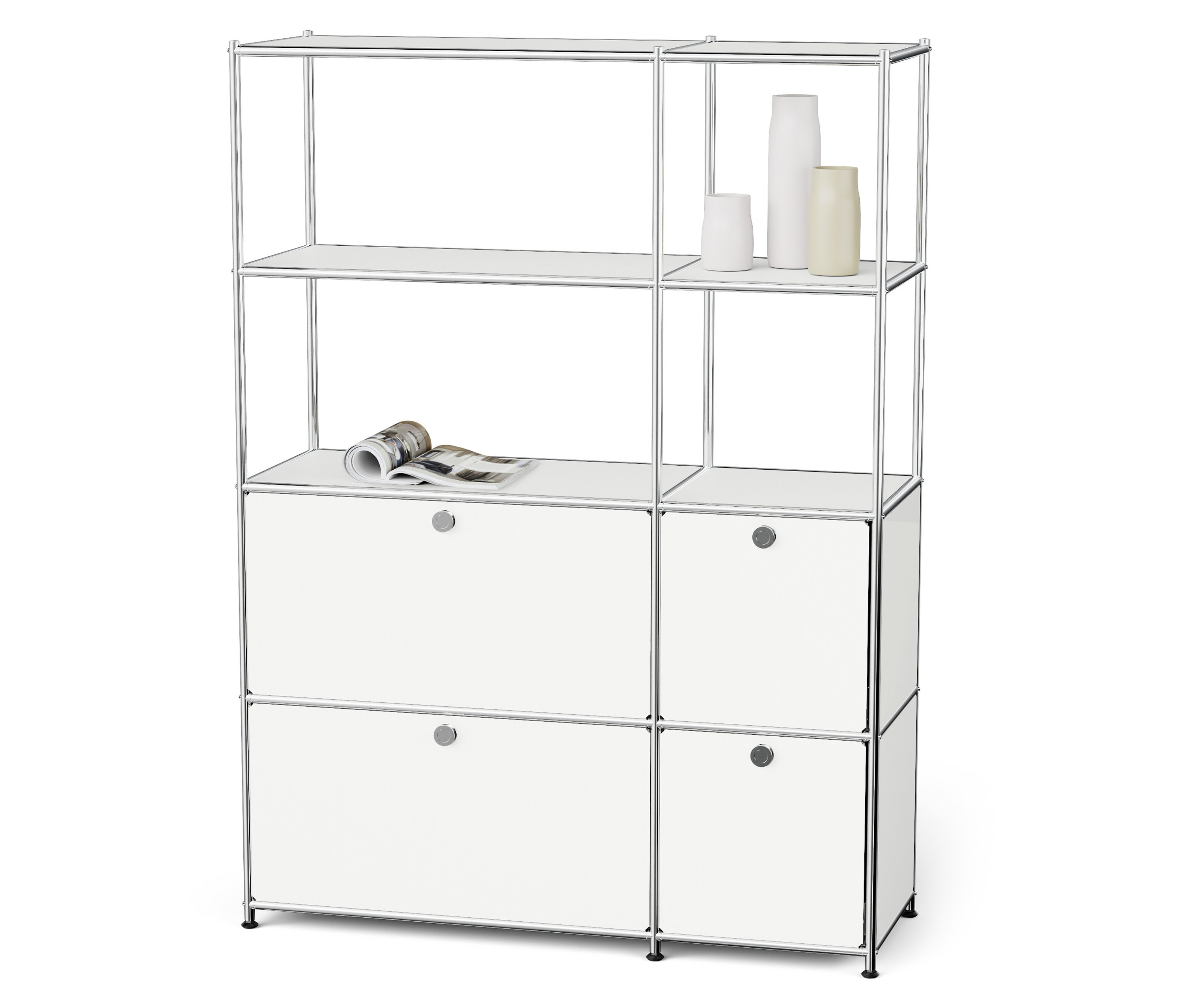 Bílý kovový regál CN3 se 4 výklopnými dvířky.