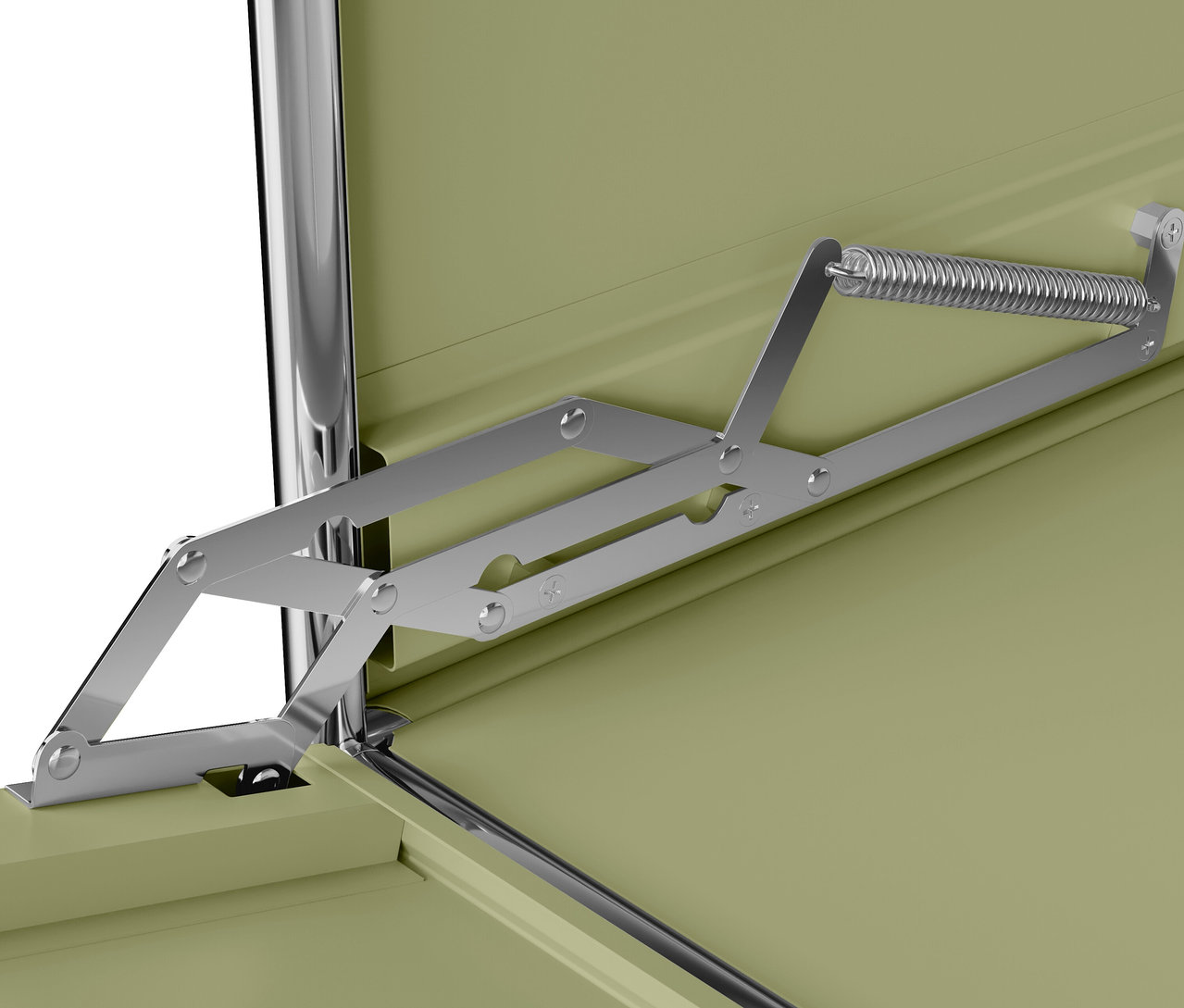 Detail of the hinge mechanism of an open, light green metal box.