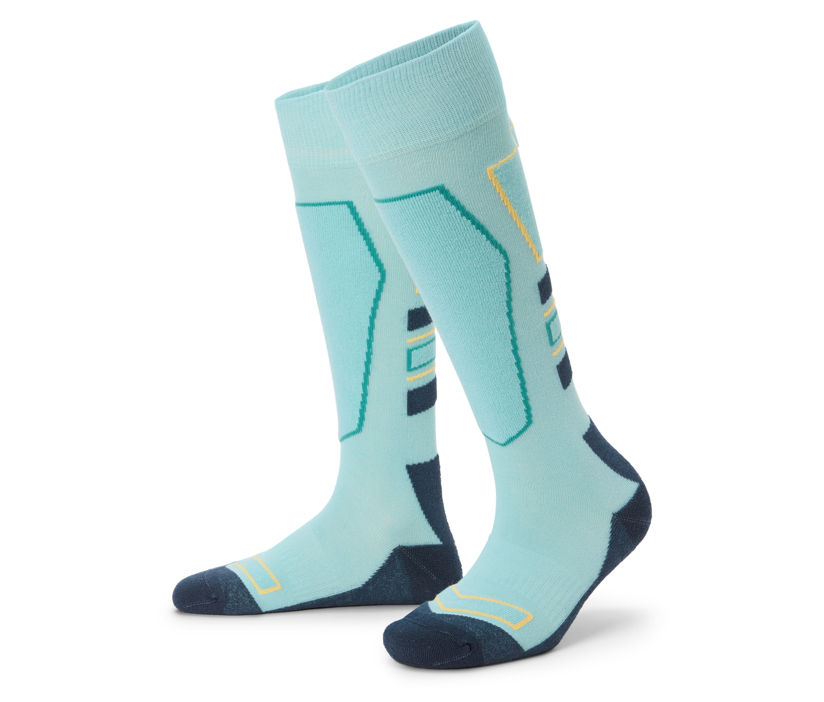 Dvojice světle modrých lyžařských podkolenek s barevnými detaily.