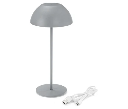 Šedá lampa s USB kabelem na bílém pozadí.