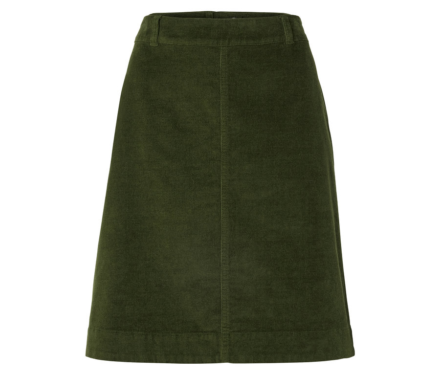 Zelená manšestrová sukně ve tvaru písmene A na bílém pozadí.