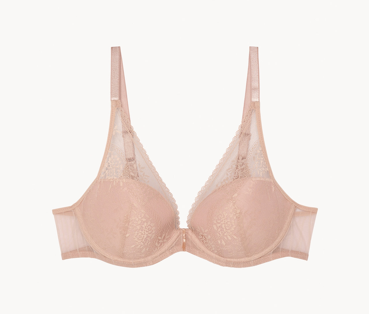 Béžová krajková podprsenka s kosticemi a nastavitelnými ramínky.