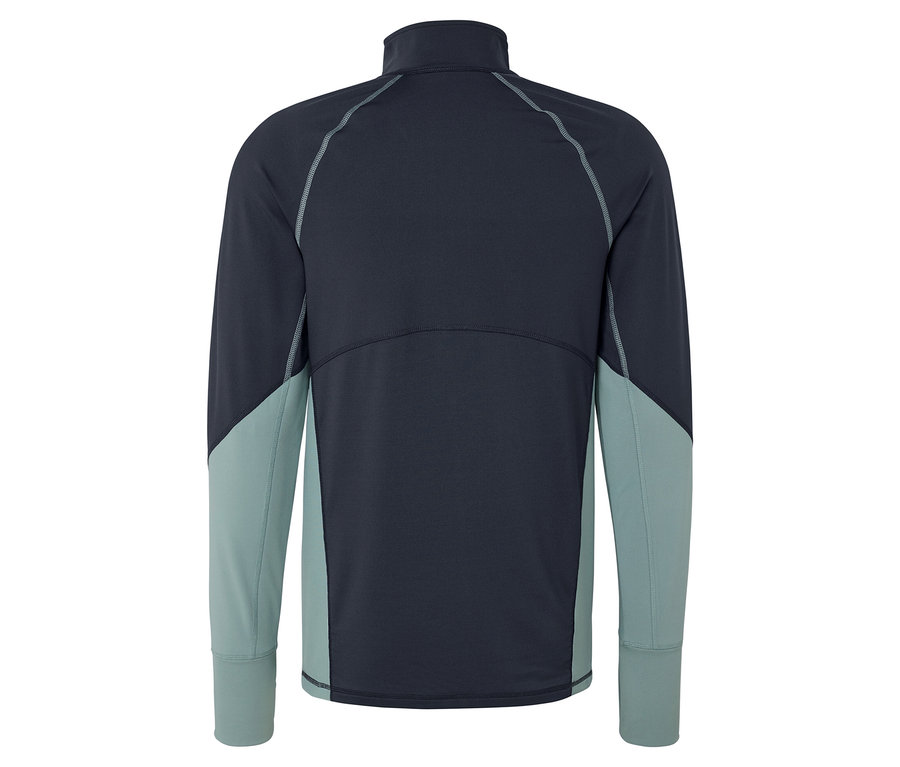 Zadní pohled na tmavě modrou bundu s dlouhým rukávem a světle modrými rukávy.