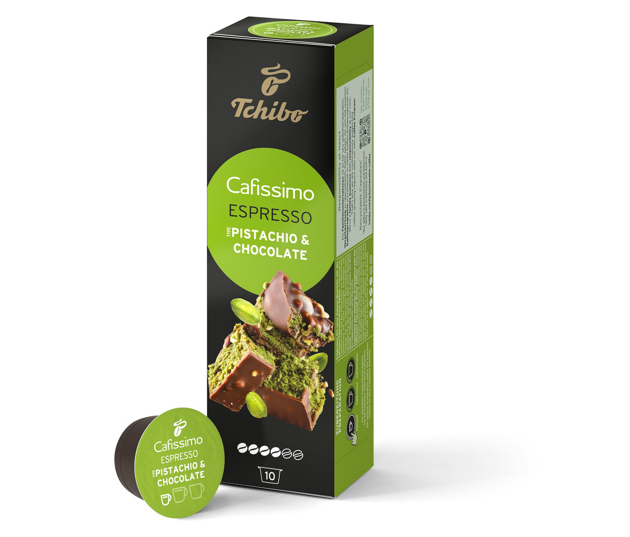 Balení a kapsle Cafissimo Flavoured Espresso - Pistachio & Chocolate.