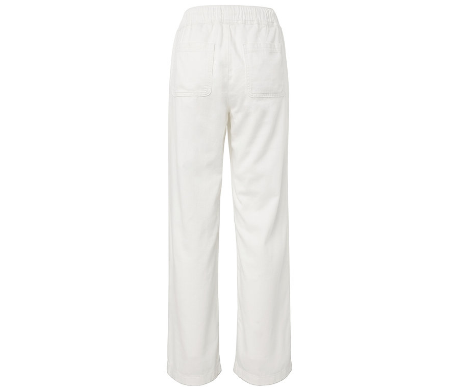Bílè kalhoty s elastickým pasem a zadními kapsami.