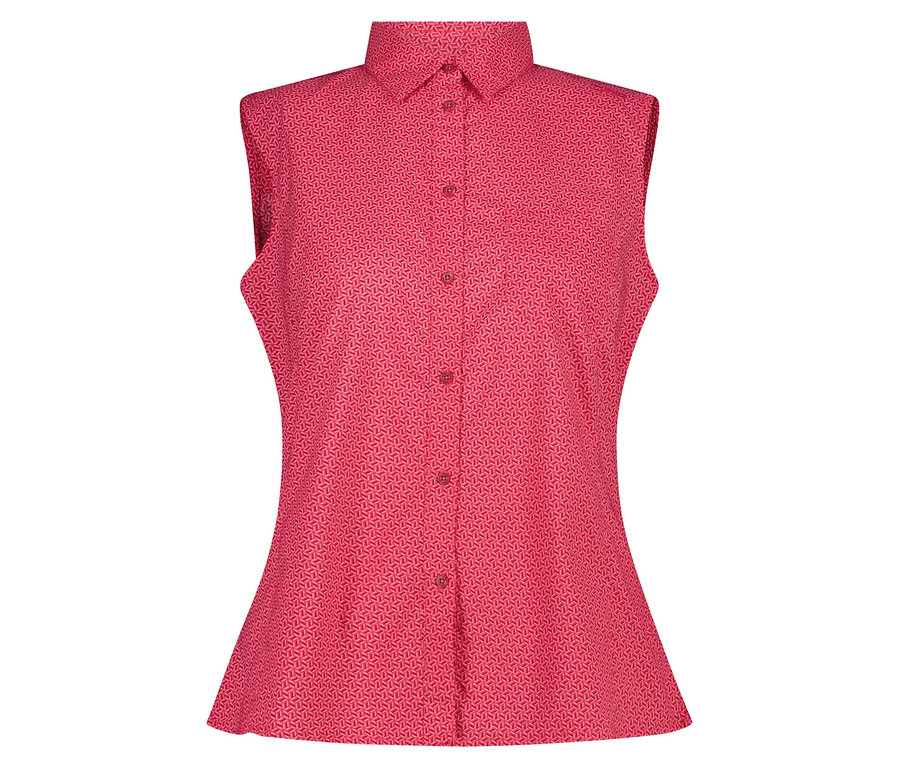 Červená vzorovaná blůzka bez rukávů s knoflíky.