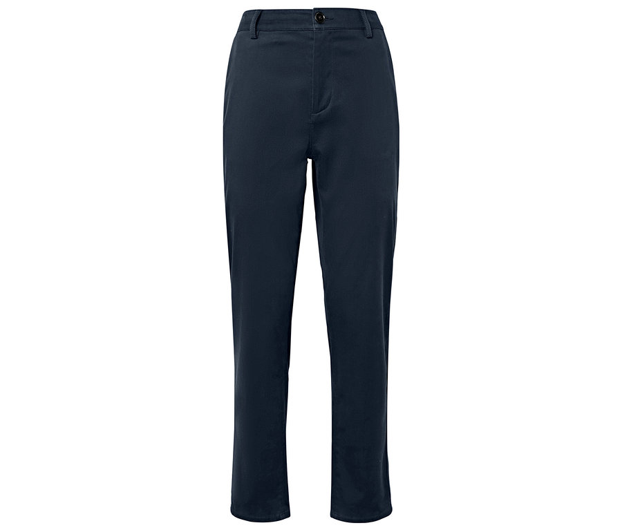 Tmavě modré látkové kalhoty ležící na bílém pozadí.