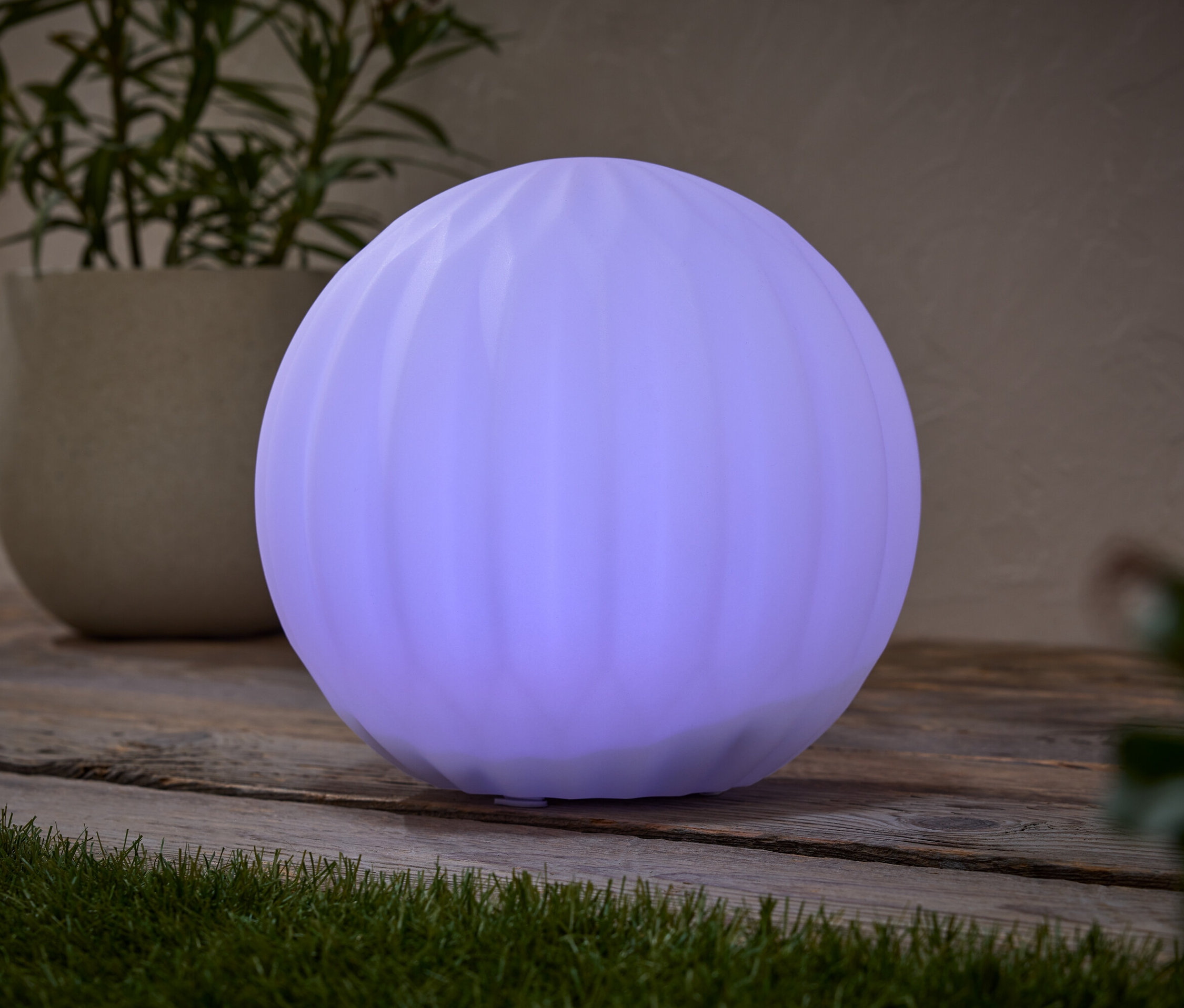 Kulatá, fialová lampa stojí na dřevěném stole vedle hrnkové rostliny.