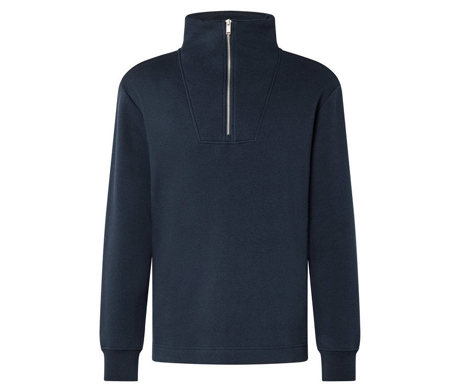 Tmavě modrá mikina se zipem u krku.