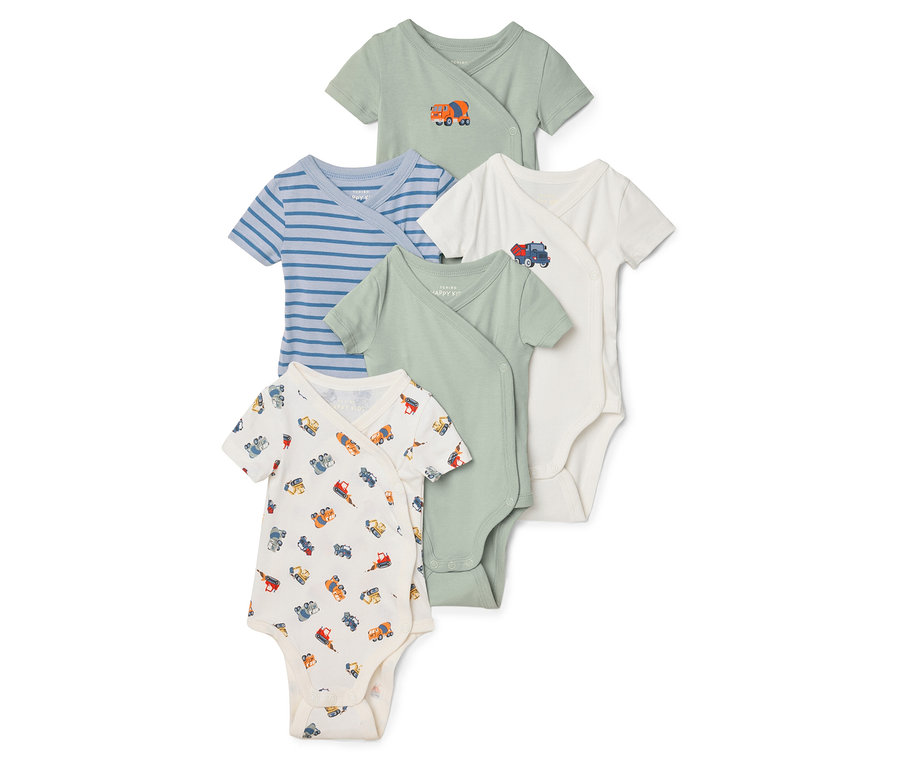 Pět dětských body leží na sobě, různé barvy a vzory.